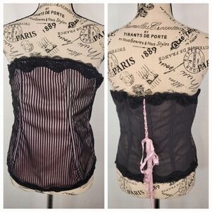 Cacique Sensual Corset Top 14/16 Pink Black Lace Up Boning Lace Overlaid